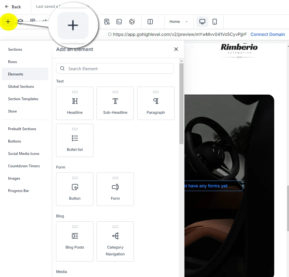 Add Elements Section in GoHighLevel Store Builder