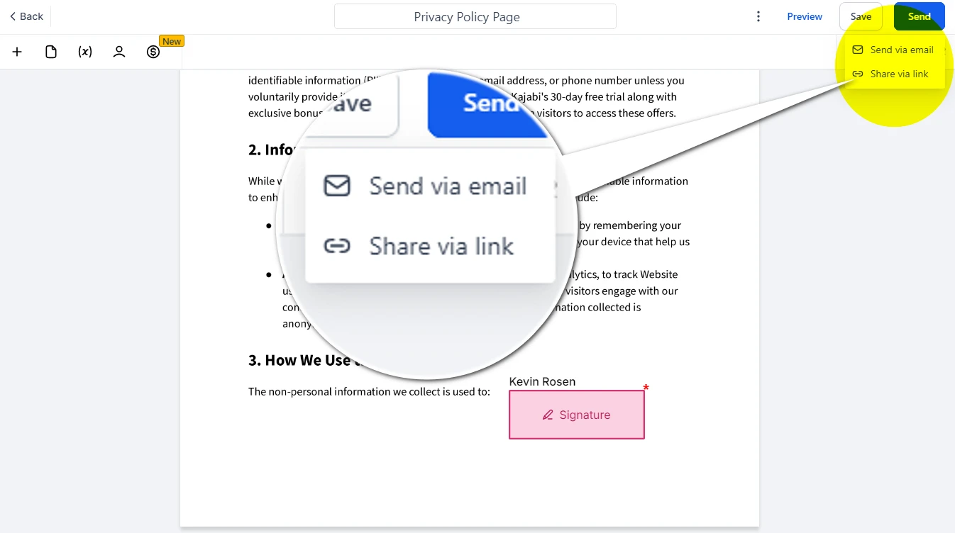 GoHighLevel Signature sending options